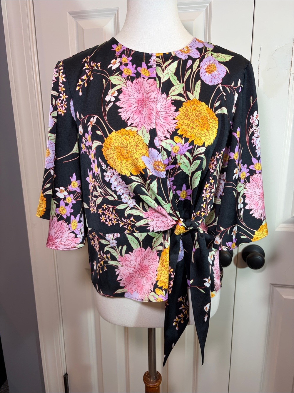 Ann Taylor Black Floral Tie-Front Top with Pink & Yellow Blooms